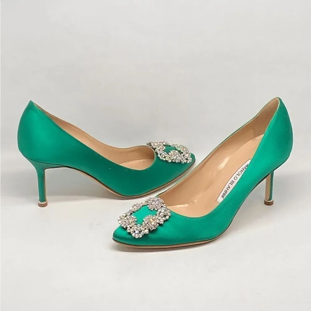 Manolo Blahnik Hangisi 70MM Embellished Satin Pumps size 36.5